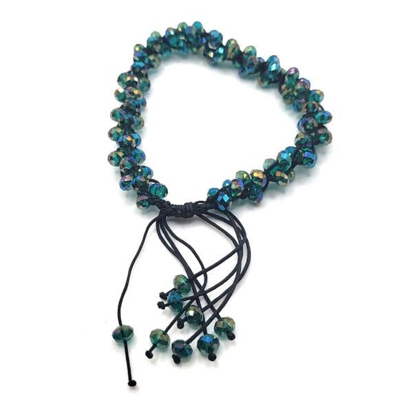 Artisan Jewelry - Crystal Emerald AB Peacock Rondelle Beads Iridescent Bracelet Slide Knot 8in